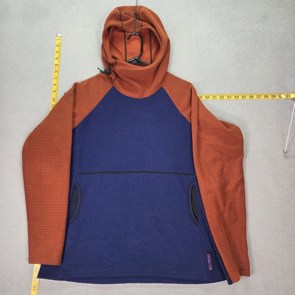 Melanzana Hoodie Womens XL Blue Orange Grid Fleece Cowl Neck Pullover Patched